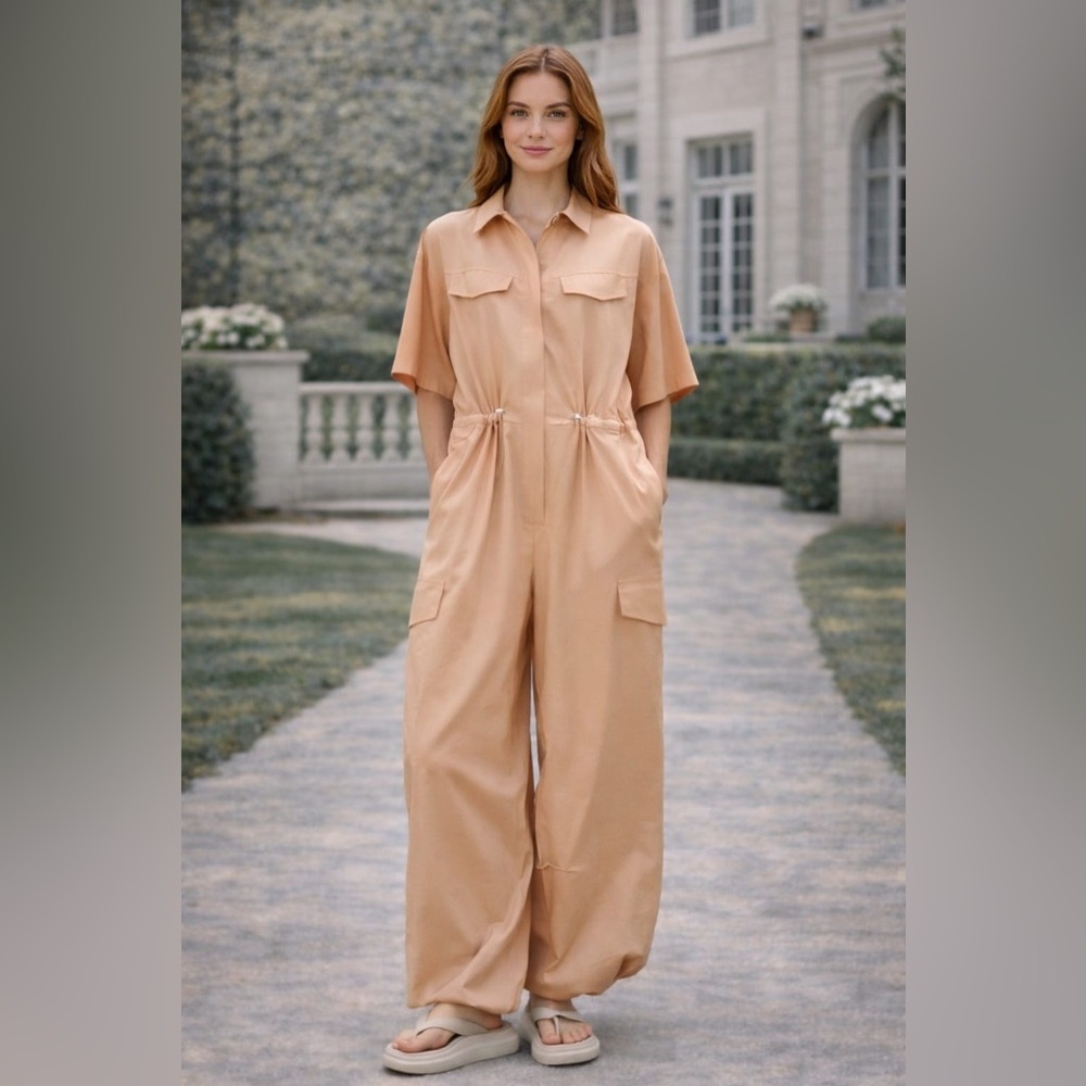 NWT ZARA Shirt-Style CARGO Full Length Oversized Jumpsuit COTTON 7901/216 Sz M&L